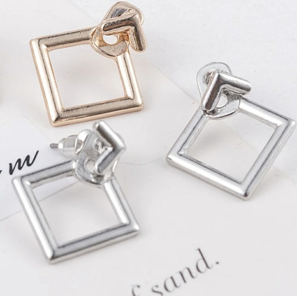 Silver Tone Square Geometric Jacket Stud Earrings - Picture 7 of 7